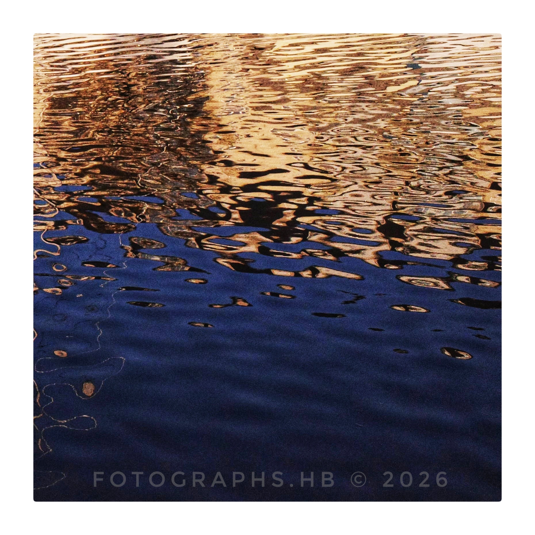 Titre : Fragments liquides

Description :

À la surface de l’eau, la lumière se brise et se réinvente en une mosaïque mouvante.
Les reflets dorés, comme des éclats de cuivre en fusion, ondulent et se fragmentent, tandis que les profondeurs bleutées a